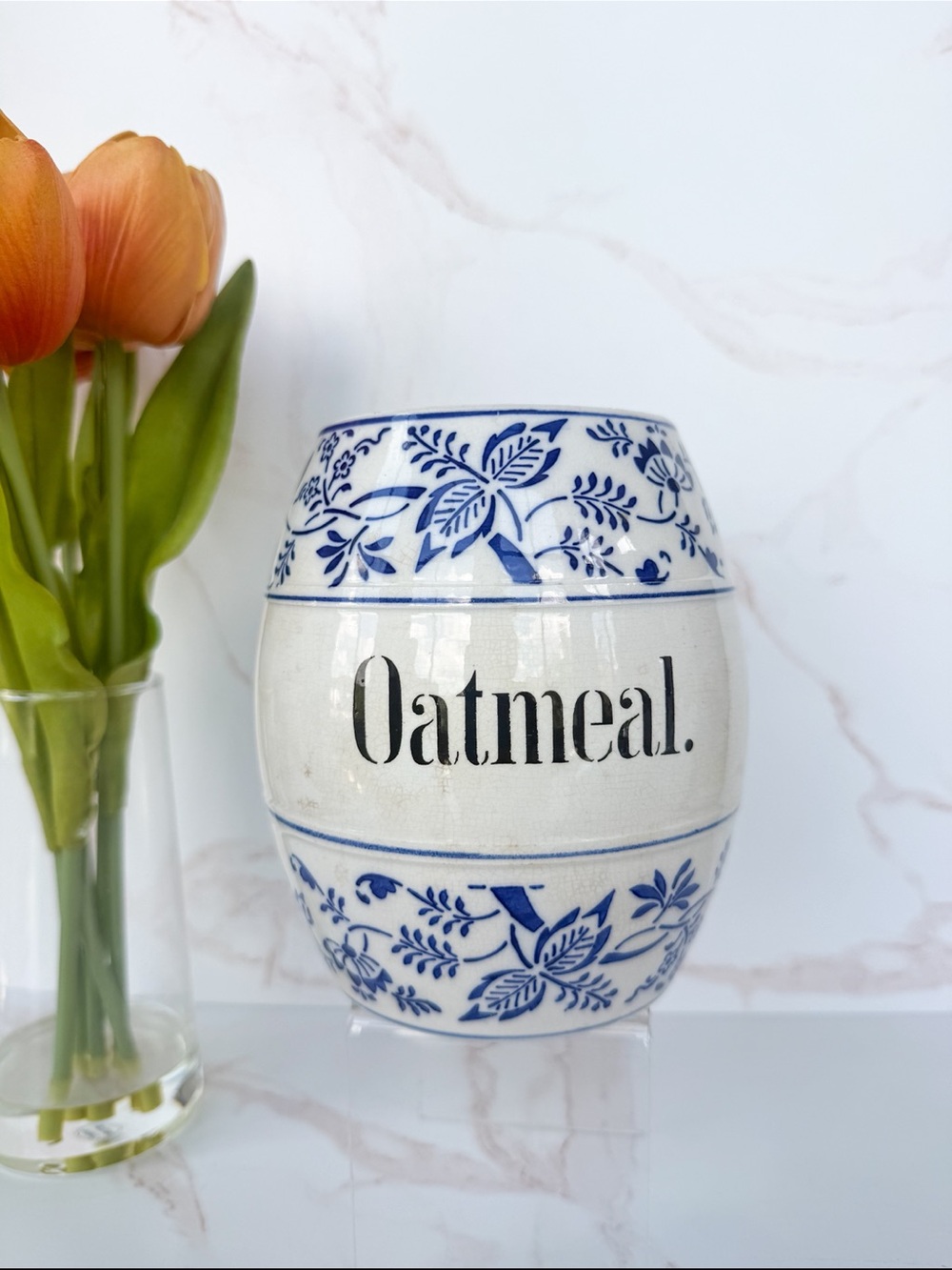 Very Vintage Blue & White Blue Onion-Style Oatmeal Ceramic Crock